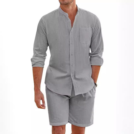 Men's Cotton Linen Comfortable Long Sleeve Shirt Shorts Suit