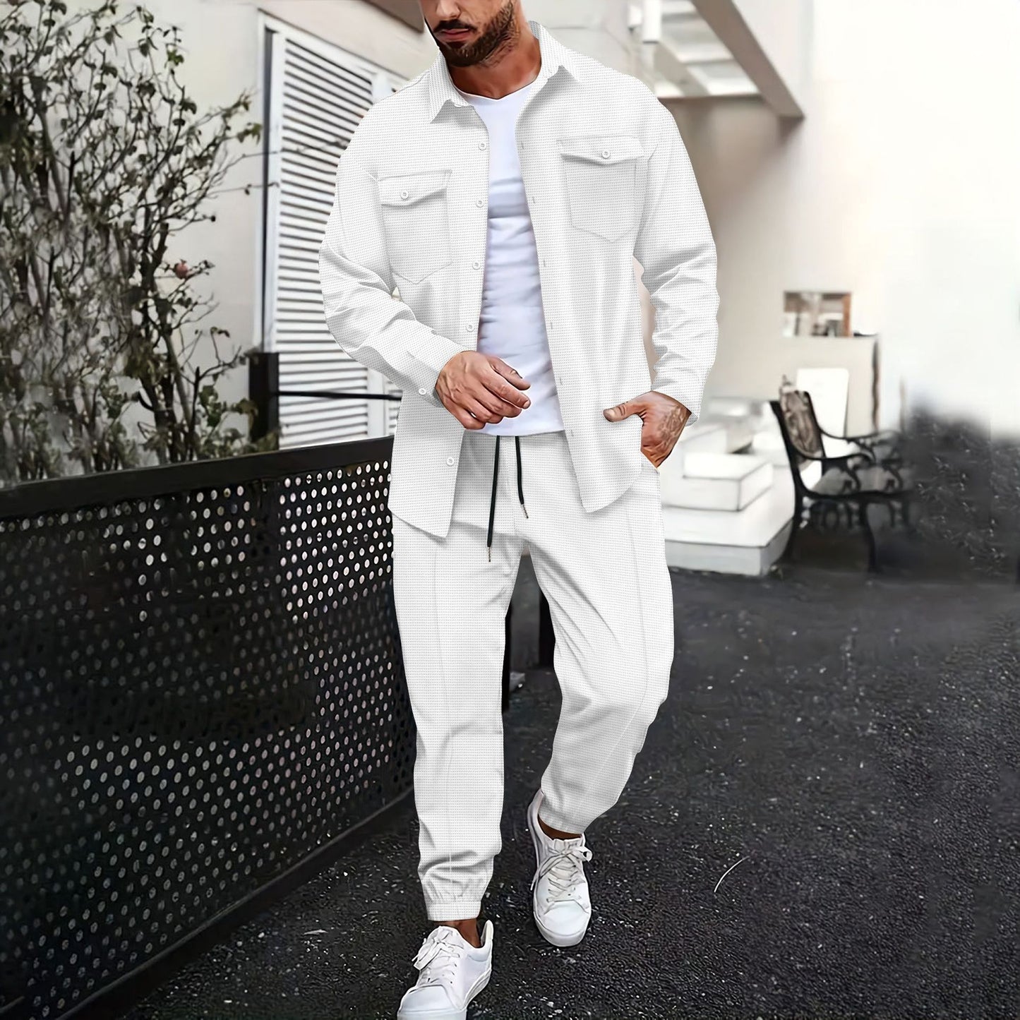 Double Pocket Printed Men's Casual Long Sleeve Shirt Trousers