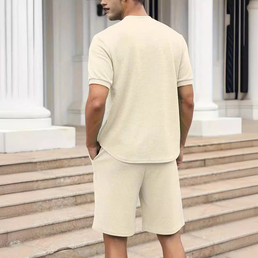 Waffle Stand Collar Solid Color Zipper Short Sleeve Trousers Suit Men