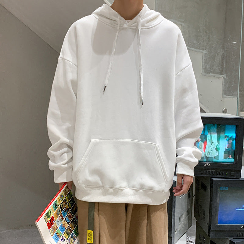 Solid Color Pullover Hooded Sweater Men Plus Fleece Long-Sleeved Sports Blank Plus Fleece Hoodie