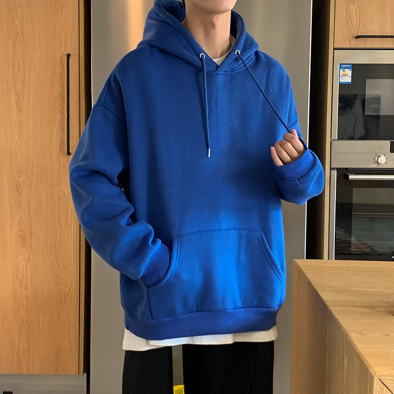 Solid Color Pullover Hooded Sweater Men Plus Fleece Long-Sleeved Sports Blank Plus Fleece Hoodie