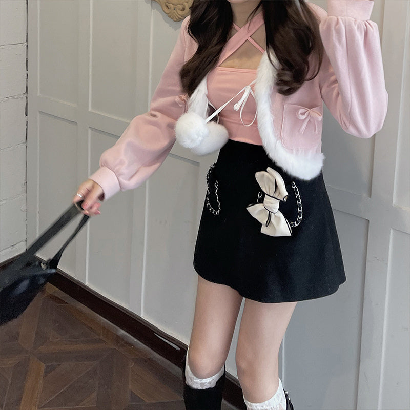 Girls Bow Plush Short Jacket