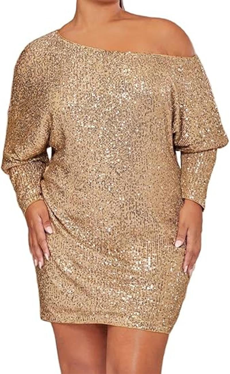 Spring Short Sleeve Loose Pullover Sequined Shirt Dress Off-shoulder Long Dress