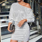 Spring Short Sleeve Loose Pullover Sequined Shirt Dress Off-shoulder Long Dress