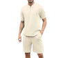 Waffle Stand Collar Solid Color Zipper Short Sleeve Trousers Suit Men