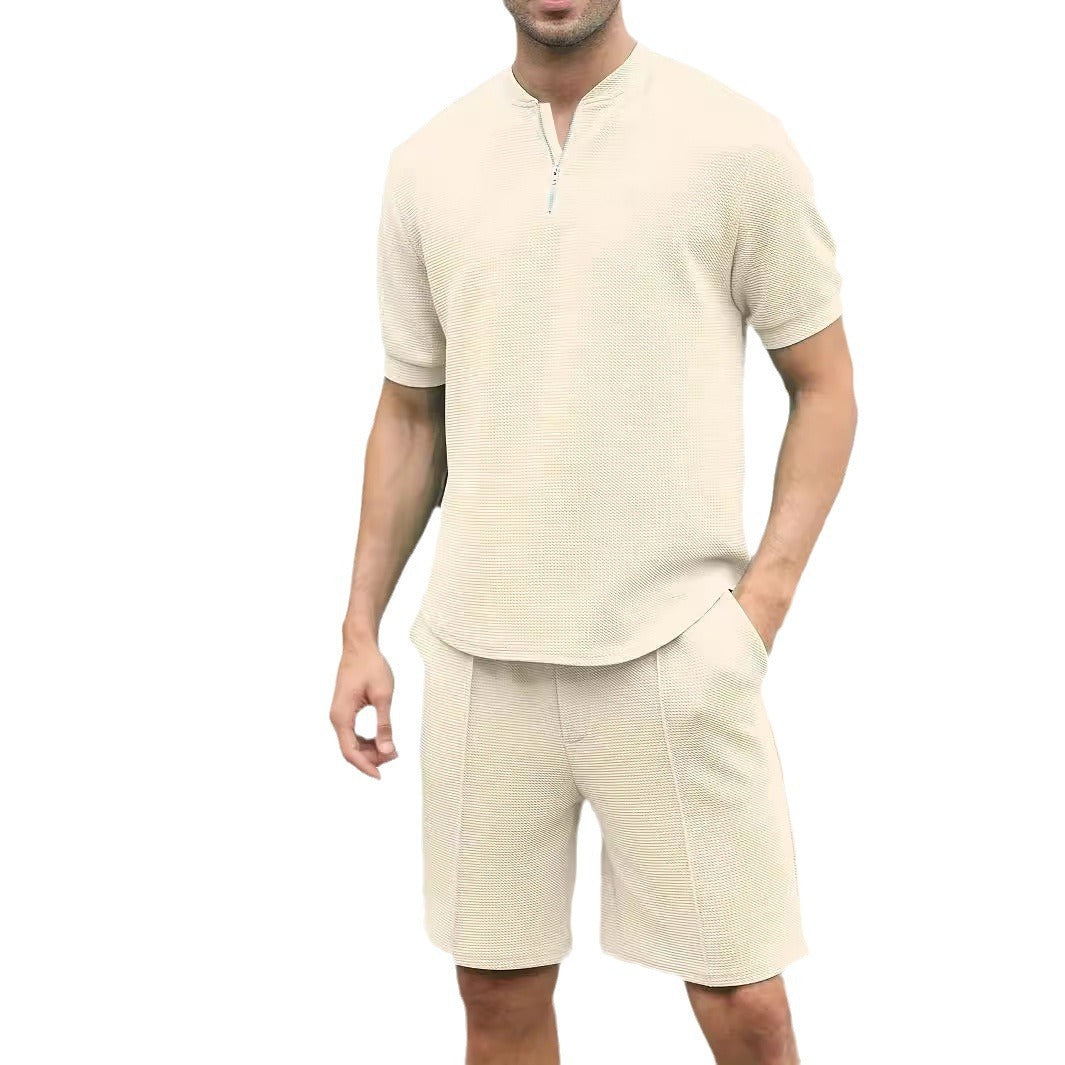Waffle Stand Collar Solid Color Zipper Short Sleeve Trousers Suit Men