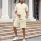 Waffle Stand Collar Solid Color Zipper Short Sleeve Trousers Suit Men