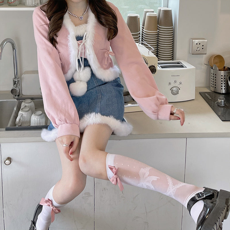 Girls Bow Plush Short Jacket