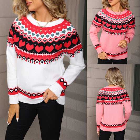 Heart Sweater Pullover Plus Size Christmas Casual Jacquard Sweater